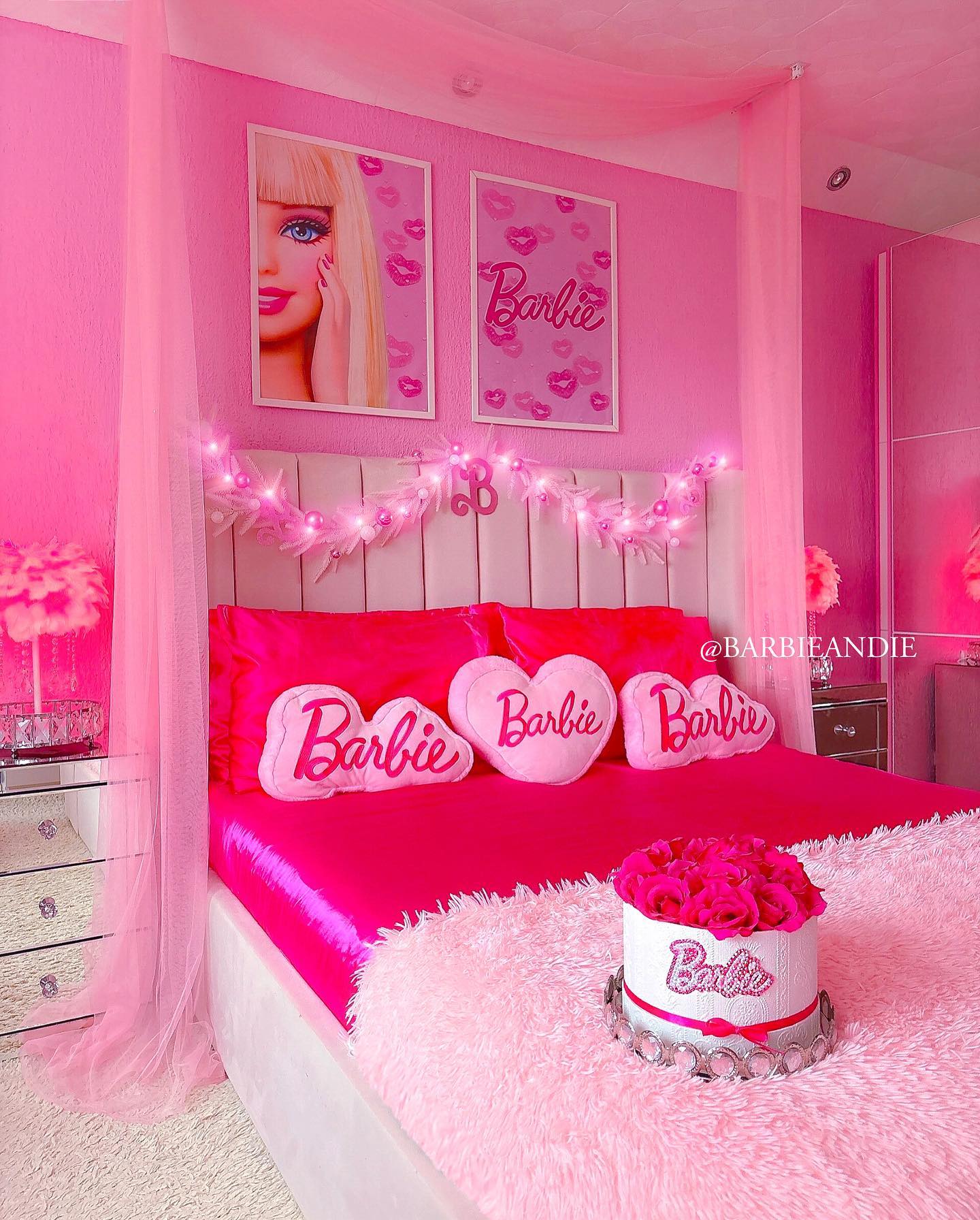 63. a Ballet Slipper Pink Canopy Bed with Gold Accents and a Vintage Mirror