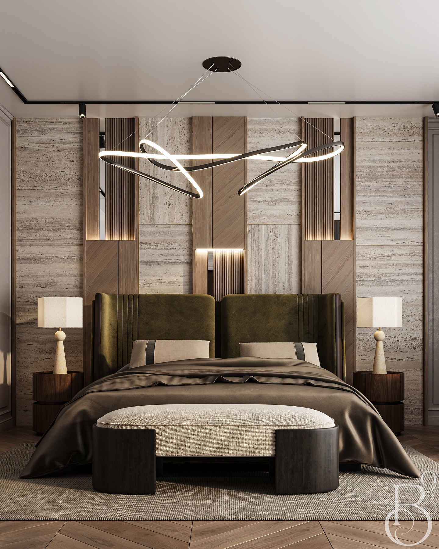 21. Moonlit Lavender Hues and Geometric Headboard Elegance