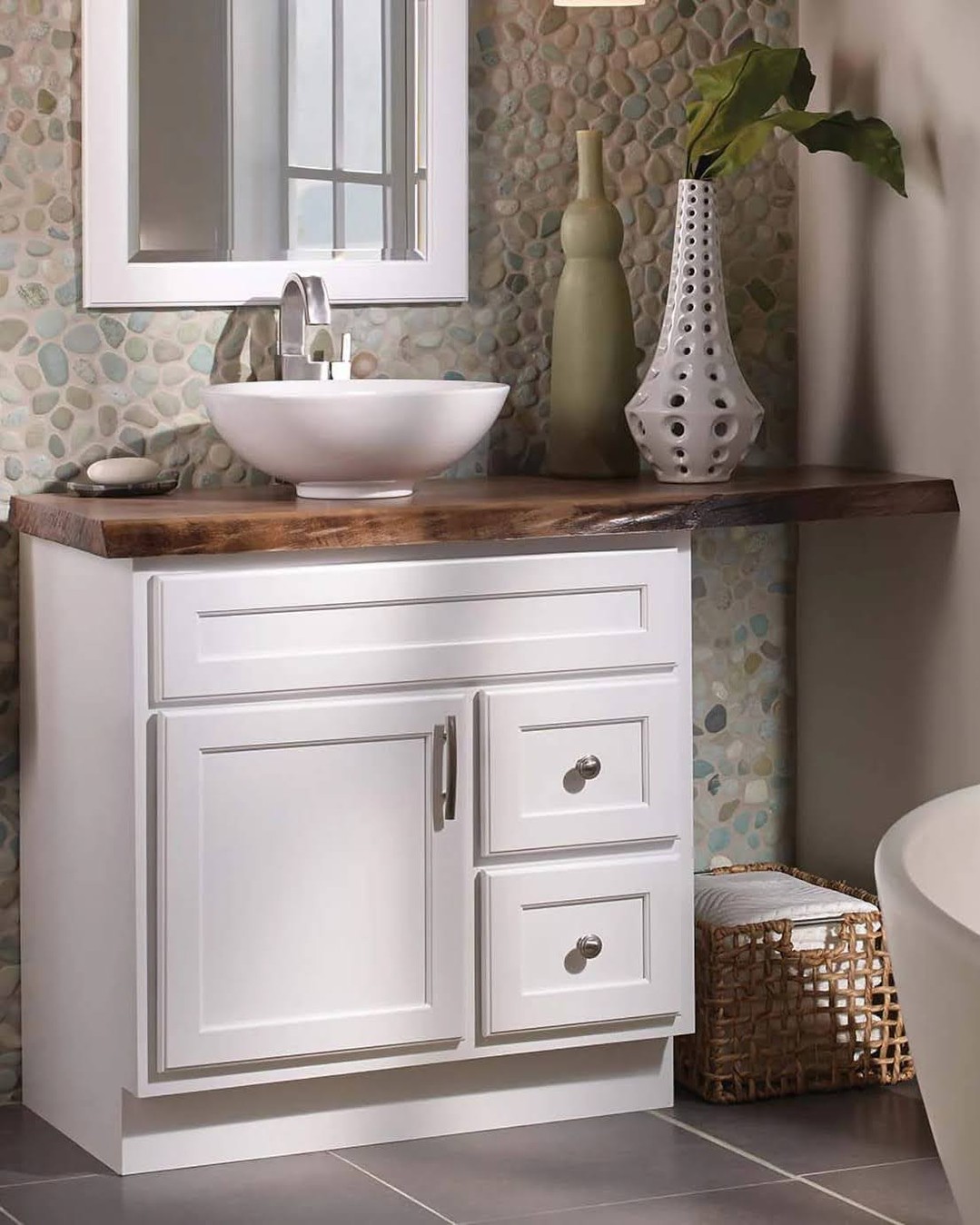 2. Overhead Corner Shelf with Geometric Towel Display and Clear Glass Jars