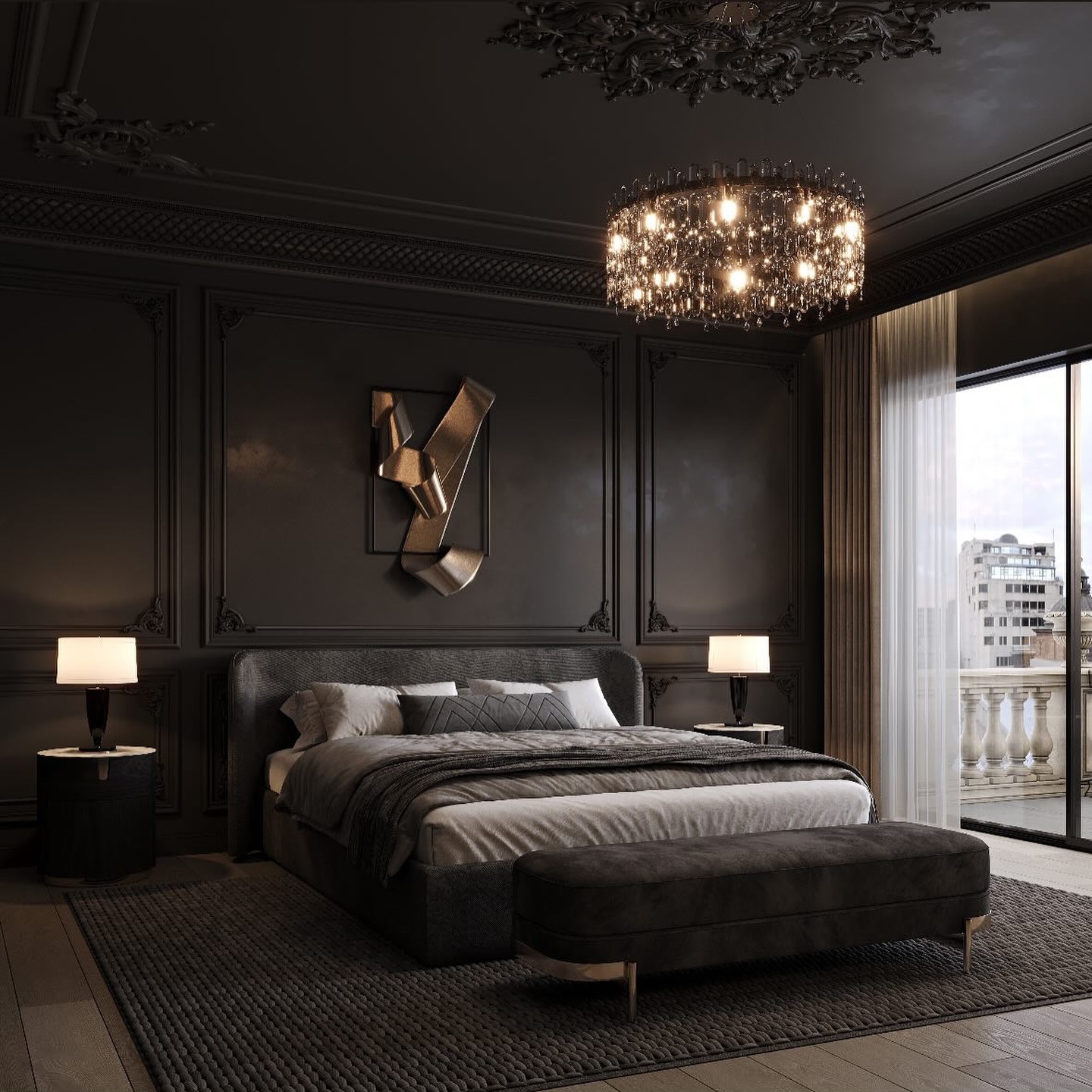 13. Midnight Velvet Canopy Over a Moonlit Bed In Black Bedroom #13