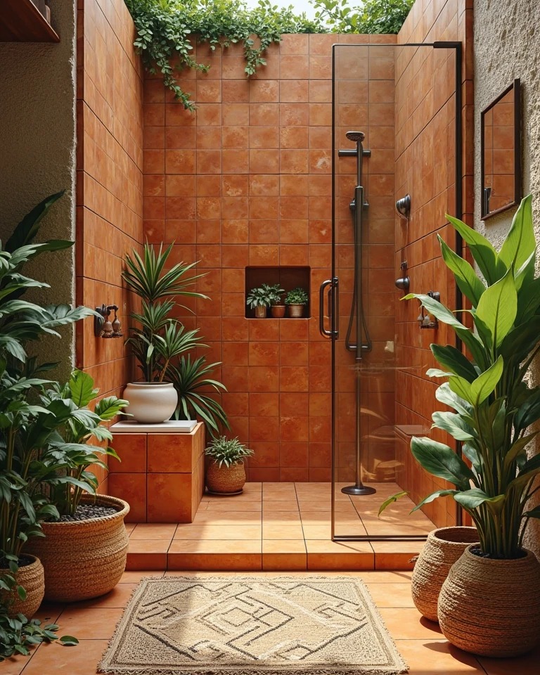 31. Rustic Driftwood Mirror Over Sunlit Terracotta Sink In Eclectic Boho Bathroom