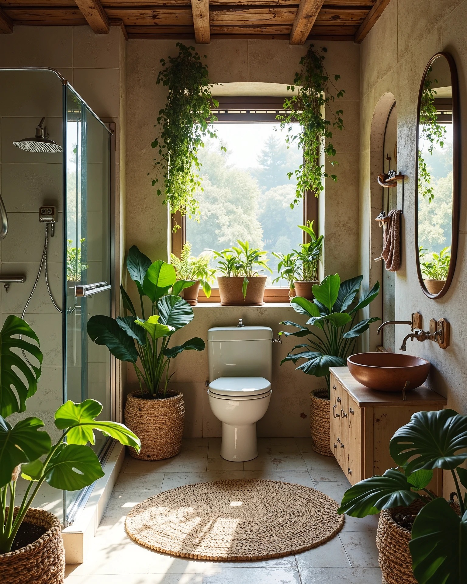 13. Handcrafted Driftwood Mirror Reflecting Sunlit Terracotta Tiles