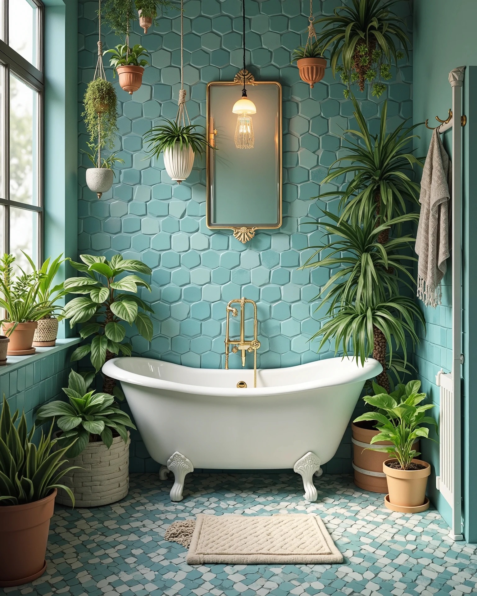 28. Bohemian Serenity with Hanging Plants and Mosaic Tiles
