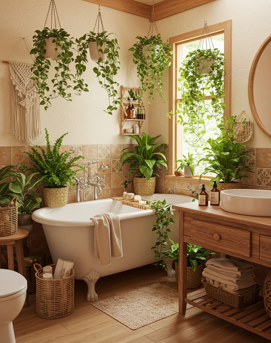 7. Handcrafted Driftwood Mirror Above a Copper Vessel Sink with Vintage Green Tiles