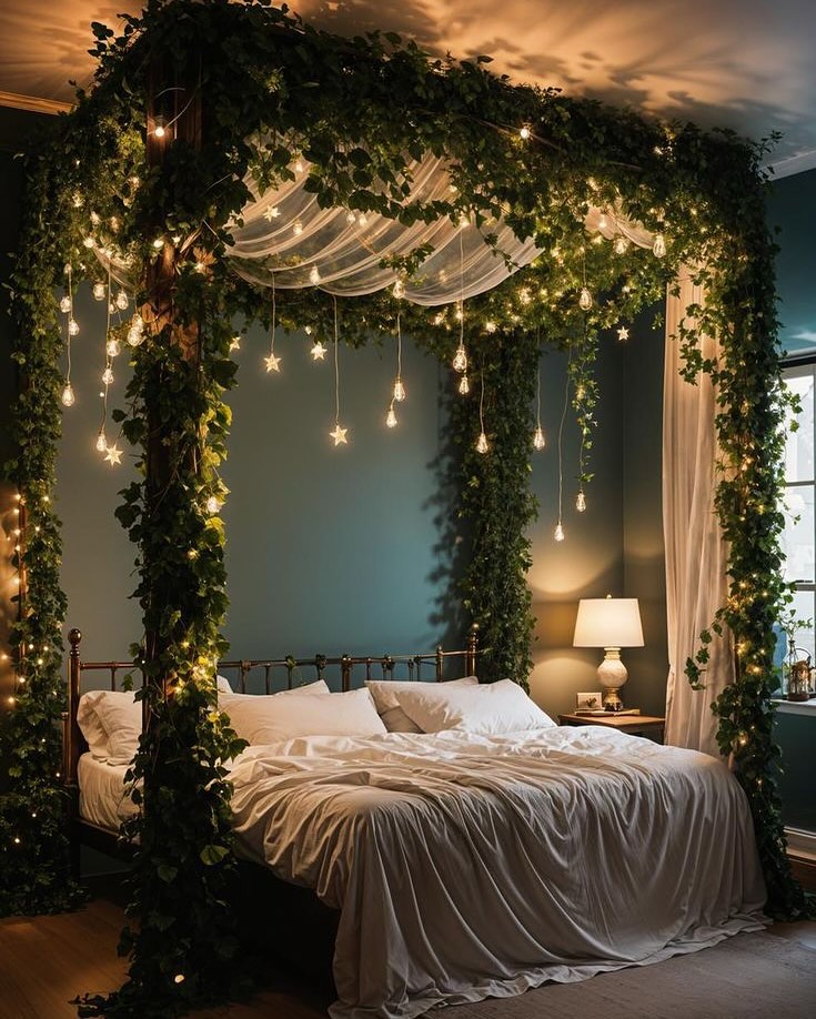 13. Mossy Green Accent Wall Meets Geometric Bed Frame In Earthy Retreat