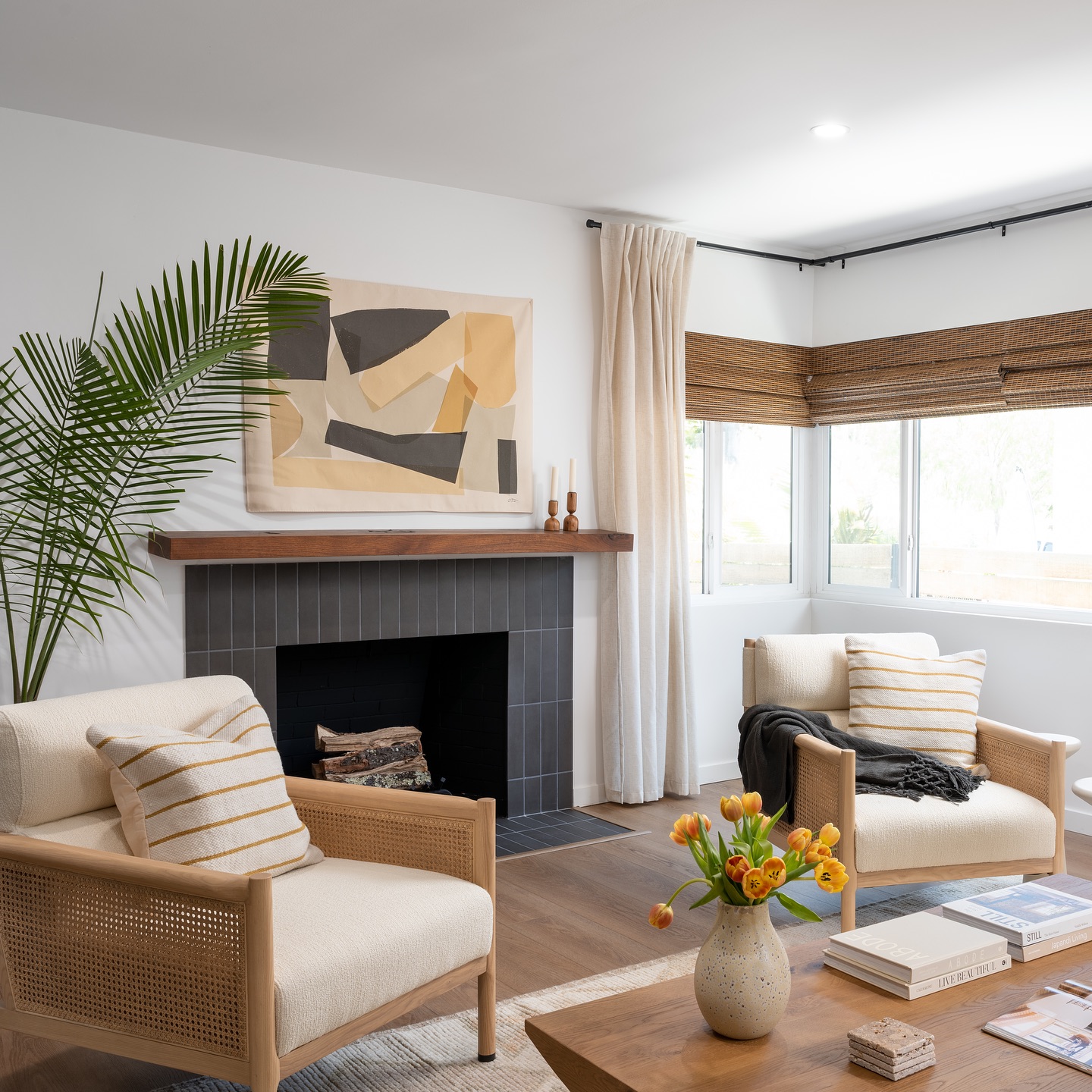 17. Mid-century Mantel with Geometric Tiles and Spherical Brass Accents