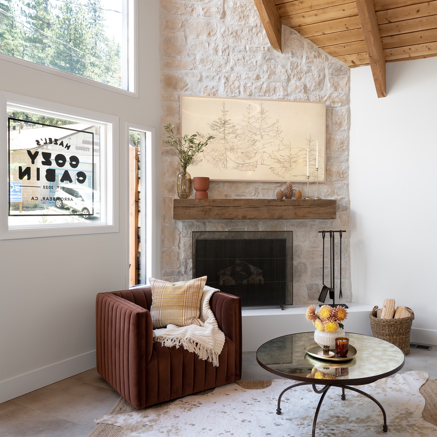 18. Mid-century Mantel with Geometric Brass Inlay and Amber Glass Accents