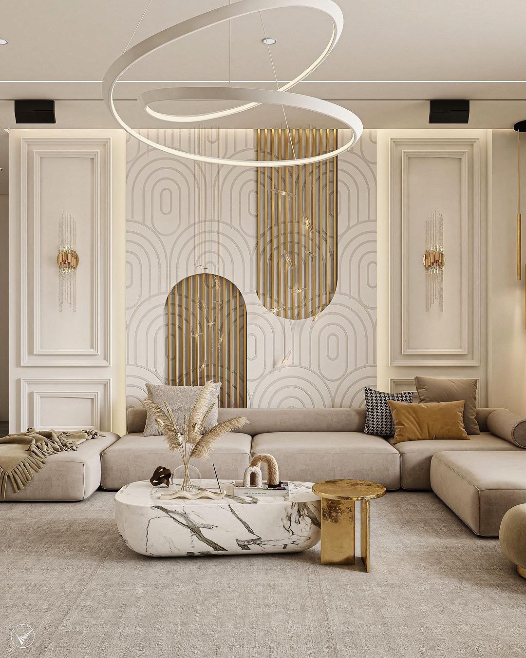14. Geometric Harmony: Hexagonal Shelves and Monochromatic Sofa Fusion