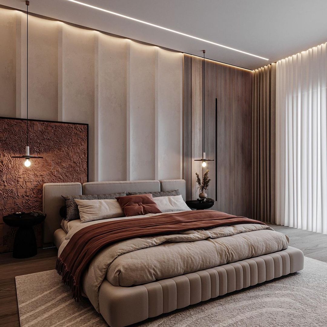 47. Soft Taupe Walls Embracing a Geometric Bed Frame with Floating Nightstands