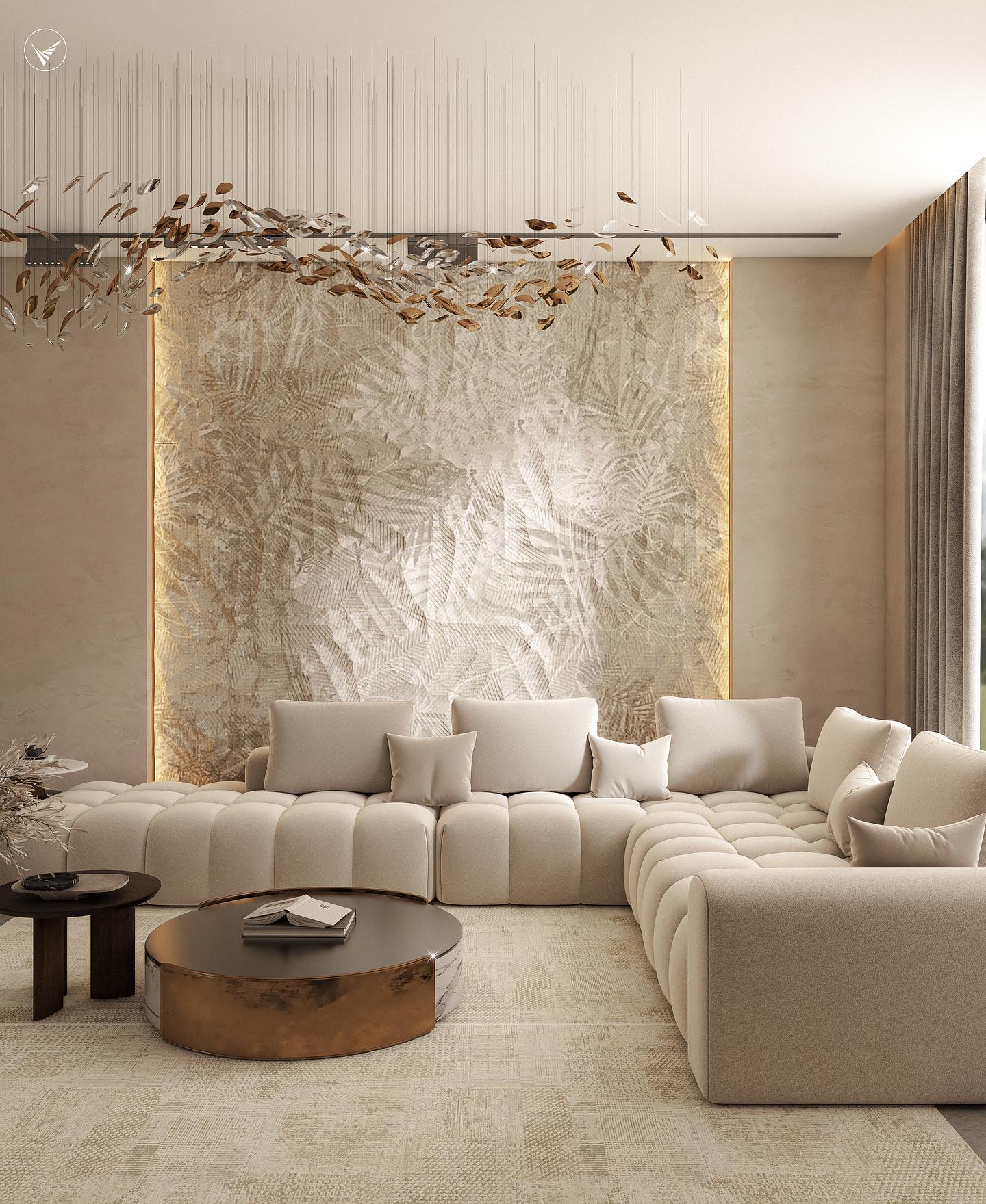 40. Suspended Orb Light and Geometric Wall Panels Define Modern Minimalism