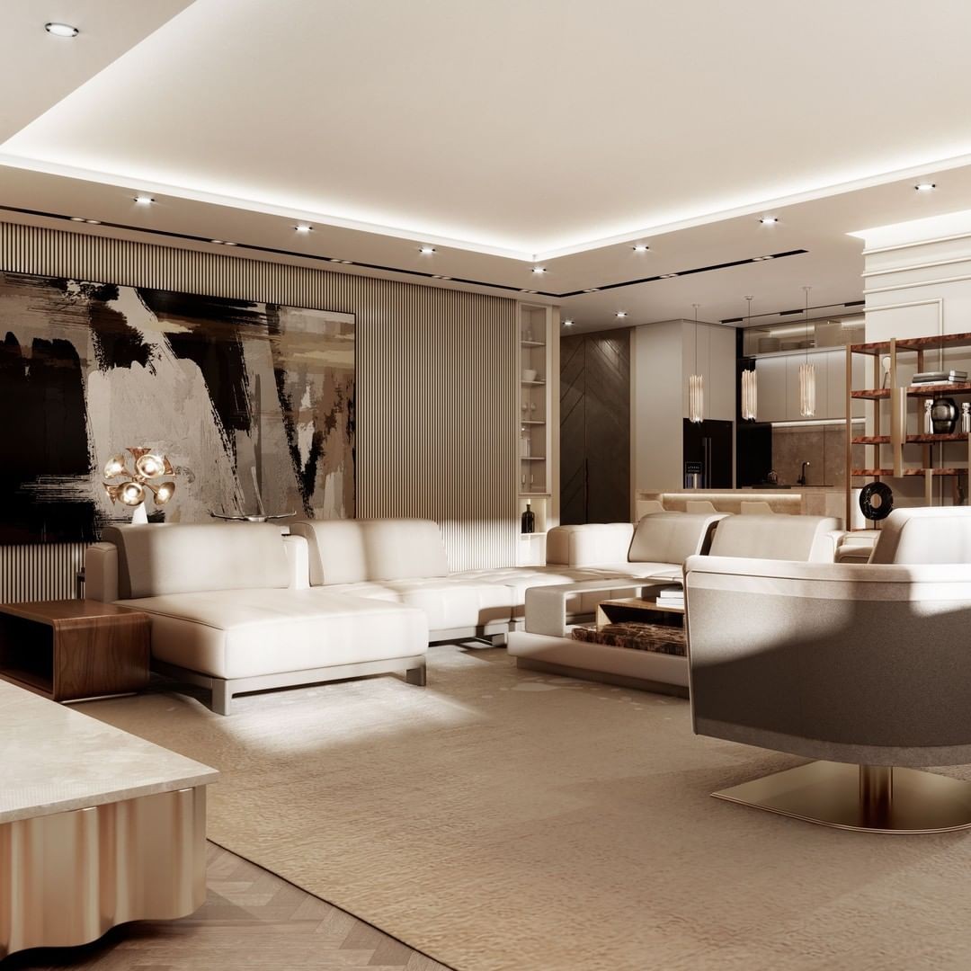 7. Cobalt Blue Sofa with Geometric White Shelves and Suspended Orb Lights