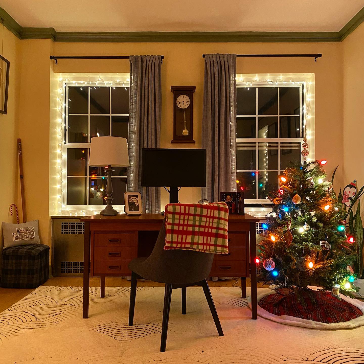 14. Miniature Pine Wonderland: a Festive Mantelpiece with Ornaments and Fairy Lights