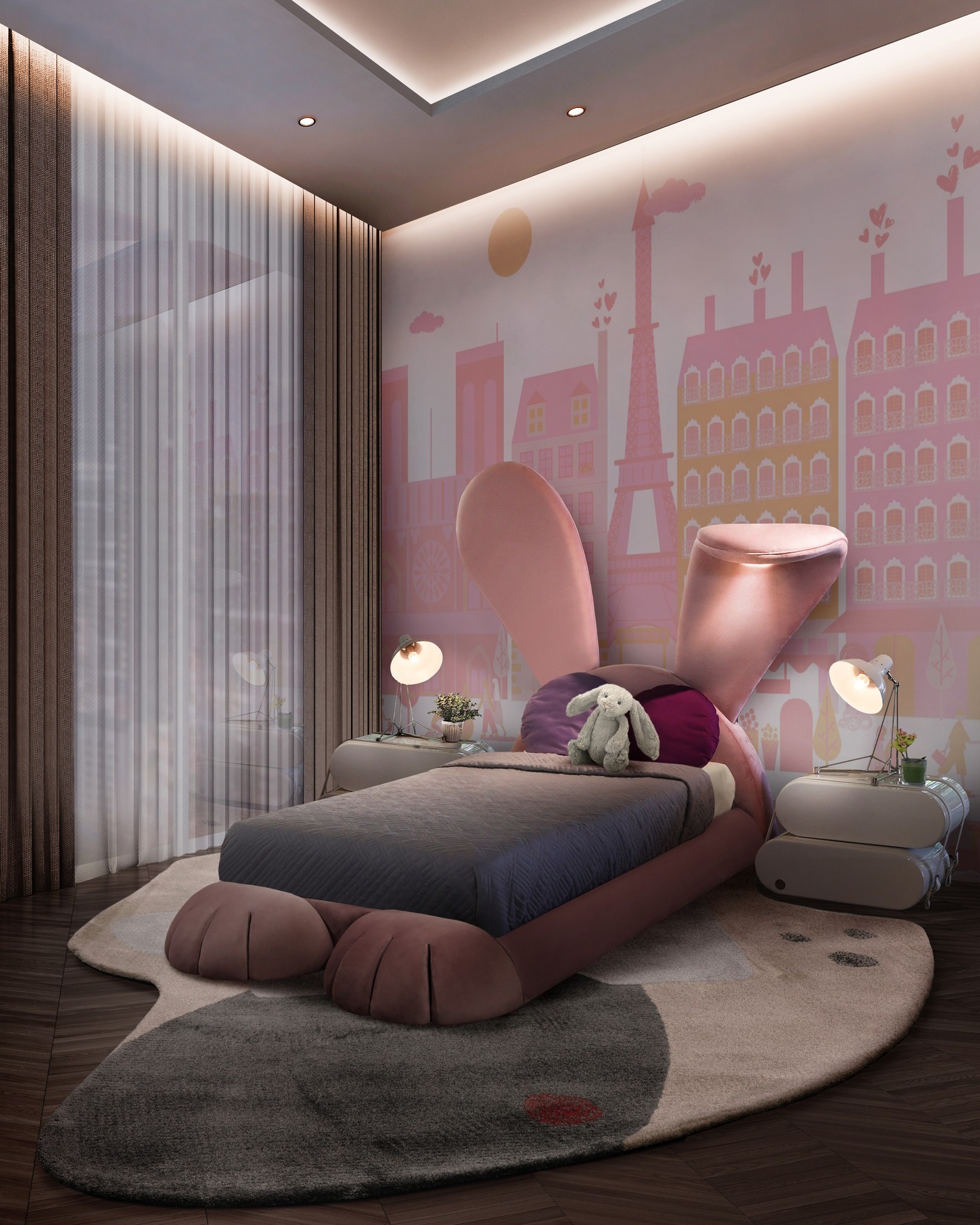 40. a Ballet Slipper Pink Canopy Bed with Vintage Floral Wallpaper