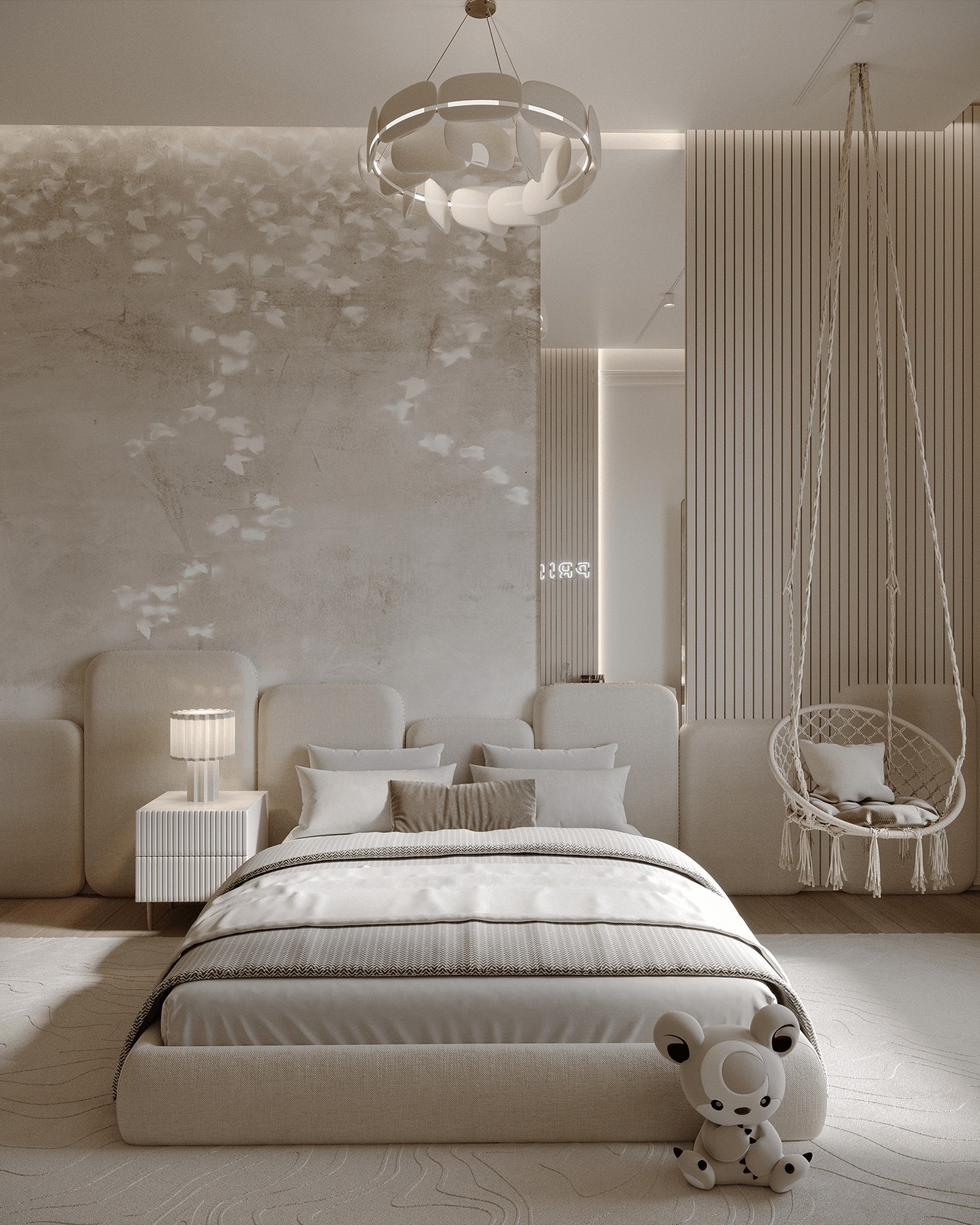 19. Soft Moonlight Wash on Taupe Textured Walls with Minimalist Oak Nightstand