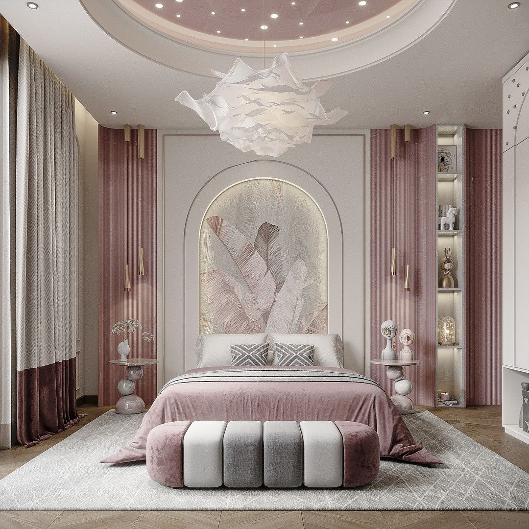 68. a Ballet Slipper Pink Canopy Bed with Macrame Wall Hangings