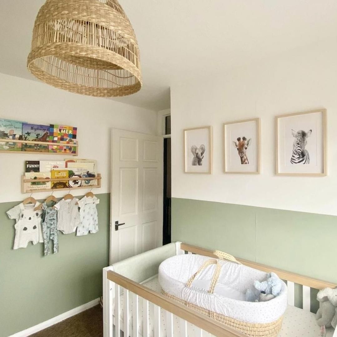 47. Soft Mossy Sage Crib Canopy with Starlit Mobile In a Sunlit Corner