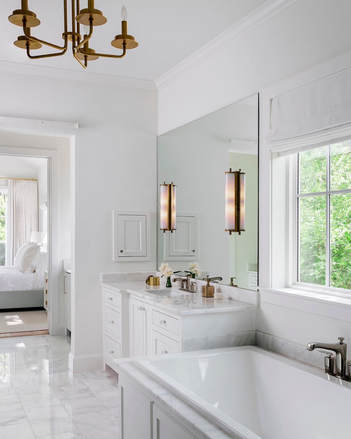 9. Vibrant Green Mosaic and Floating Wood Shelf Vanity