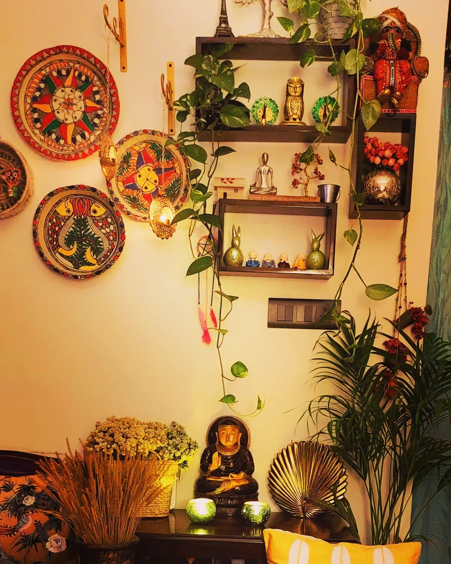 30. Vibrant Geometric Wall Panels with Faux Succulent Accents
