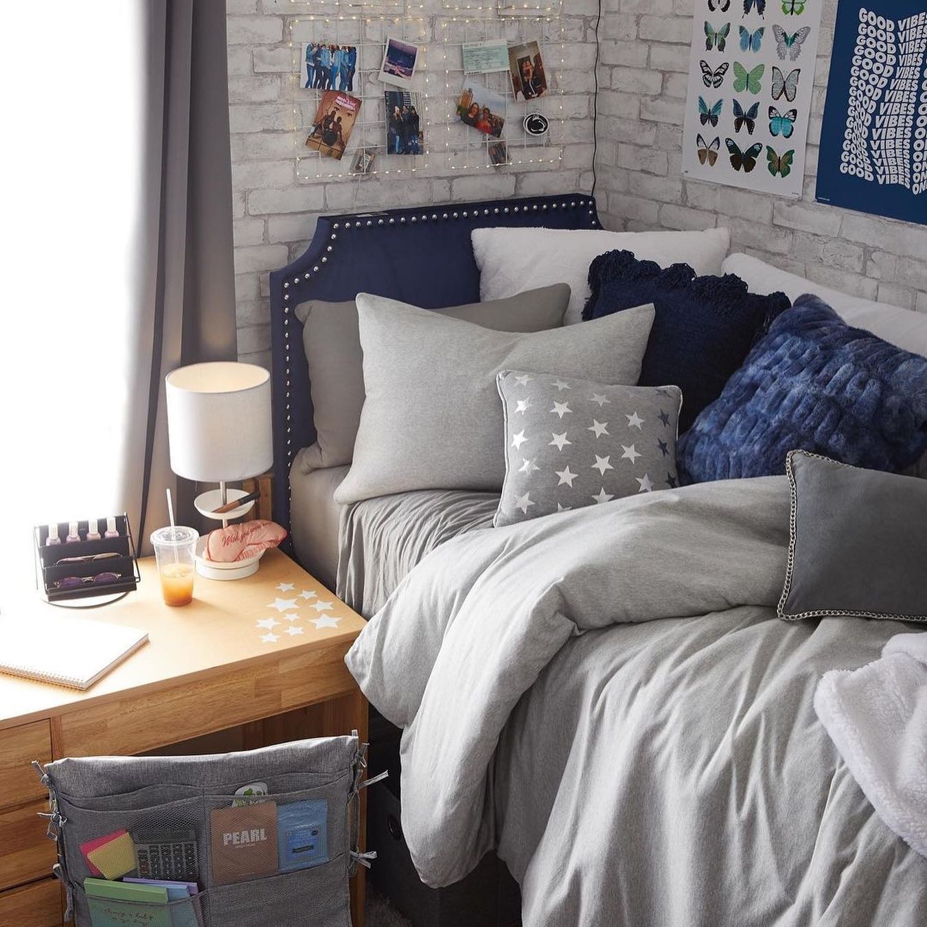 8. Cozy Nook with Geometric Wall Art and Neon Glow