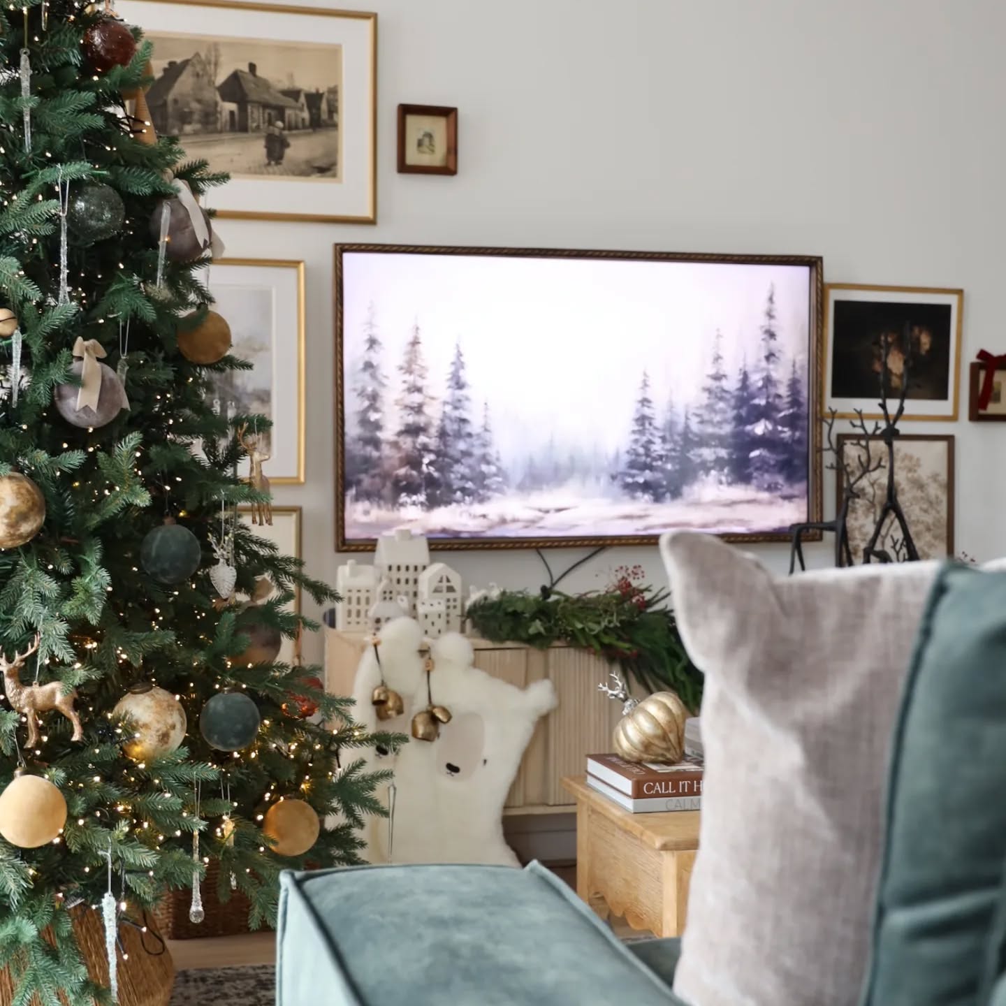 25. a Tinsel-lined Bookshelf with a Miniature Festive Village