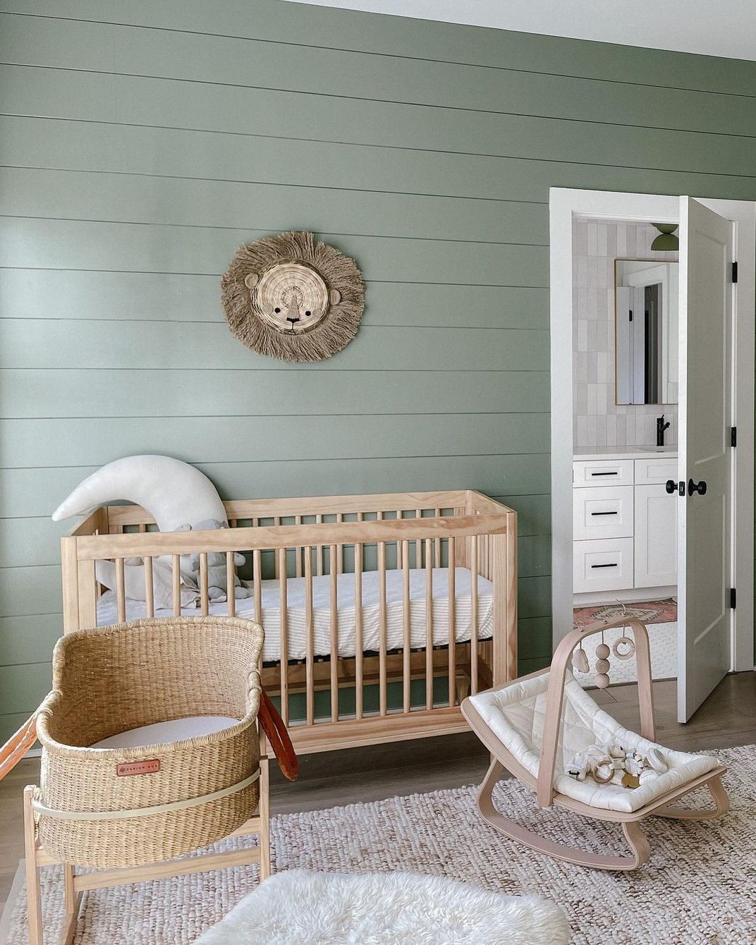 24. Sage Green Crib with Starry Sky Mobile and Geometric Wall Art