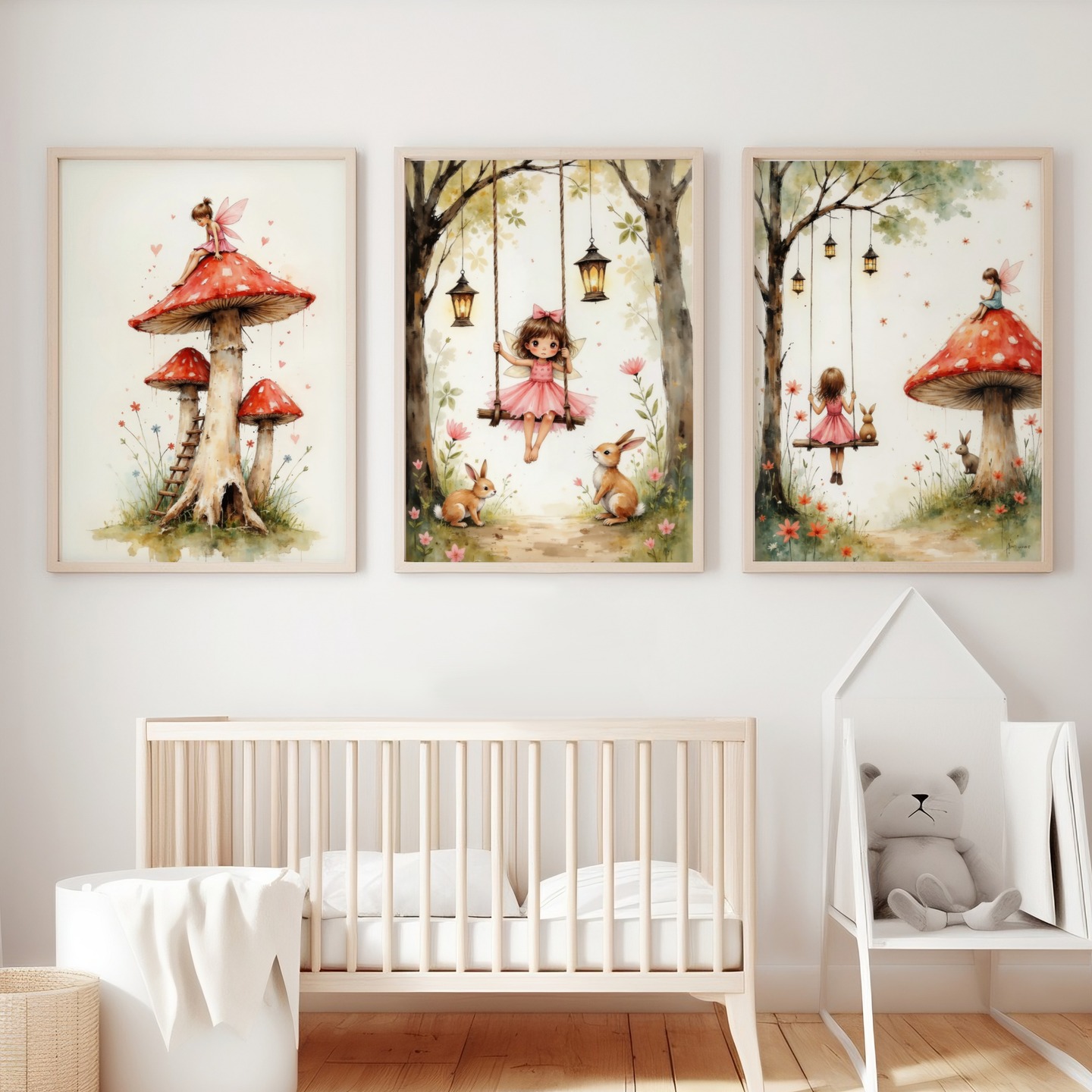 35. Soft Blush Canopy Over Vintage Crib with Whimsical Wall Art