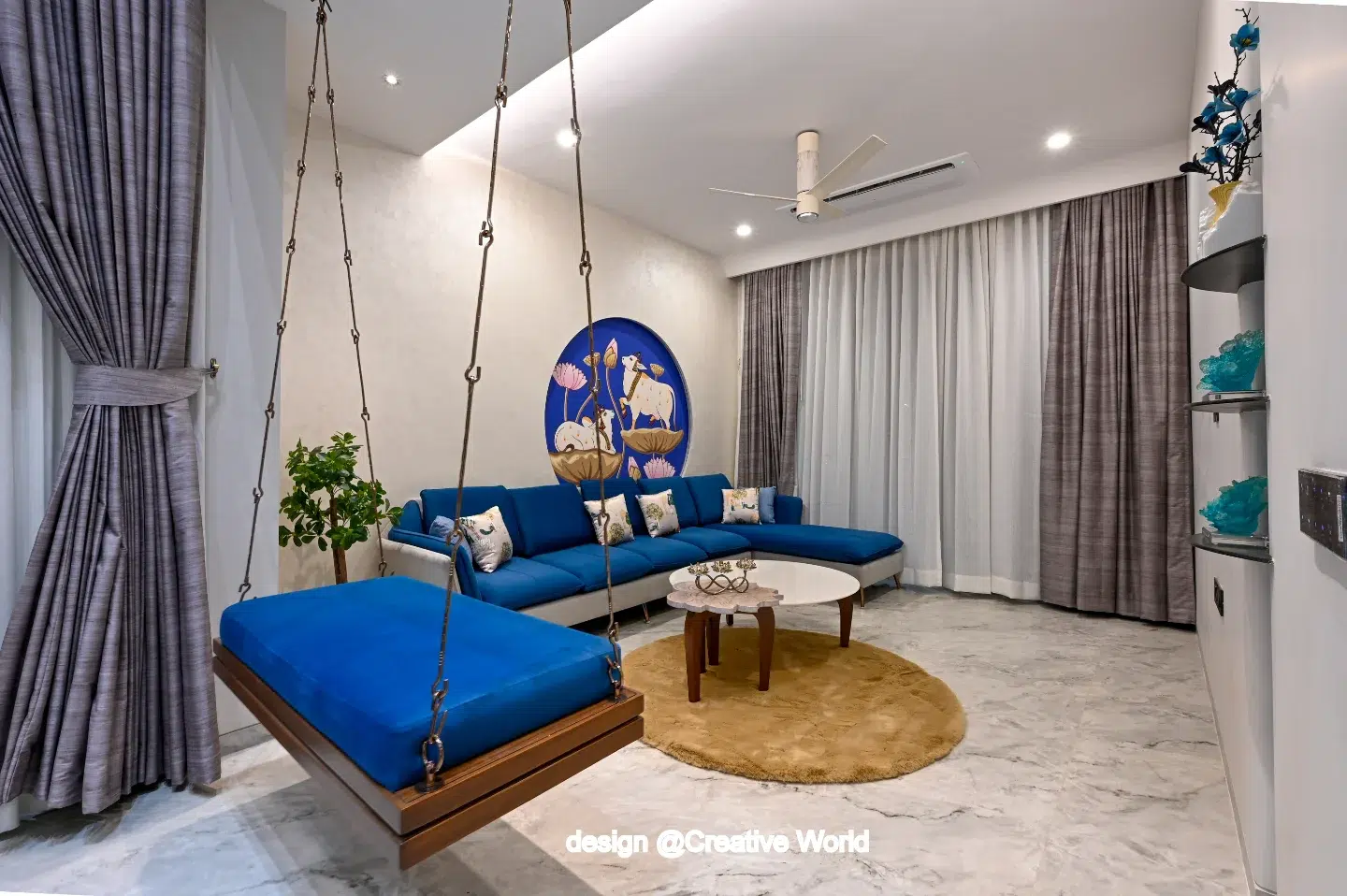 34. Minimalist Monochrome Haven with a Suspended Sphere Light