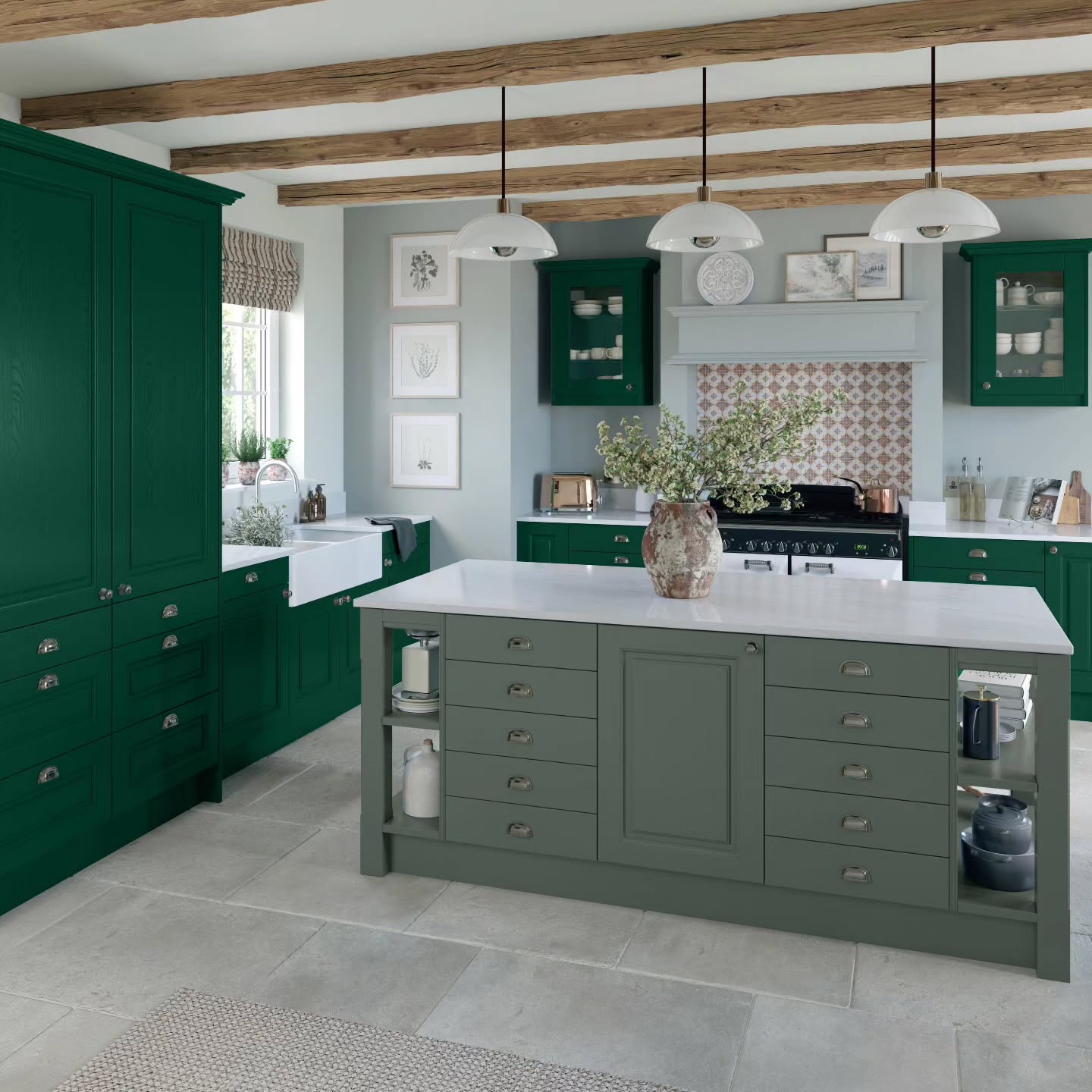 27. Emerald Waves: the Kinetic Energy Of Glossy Green Cabinets with Brass Accents