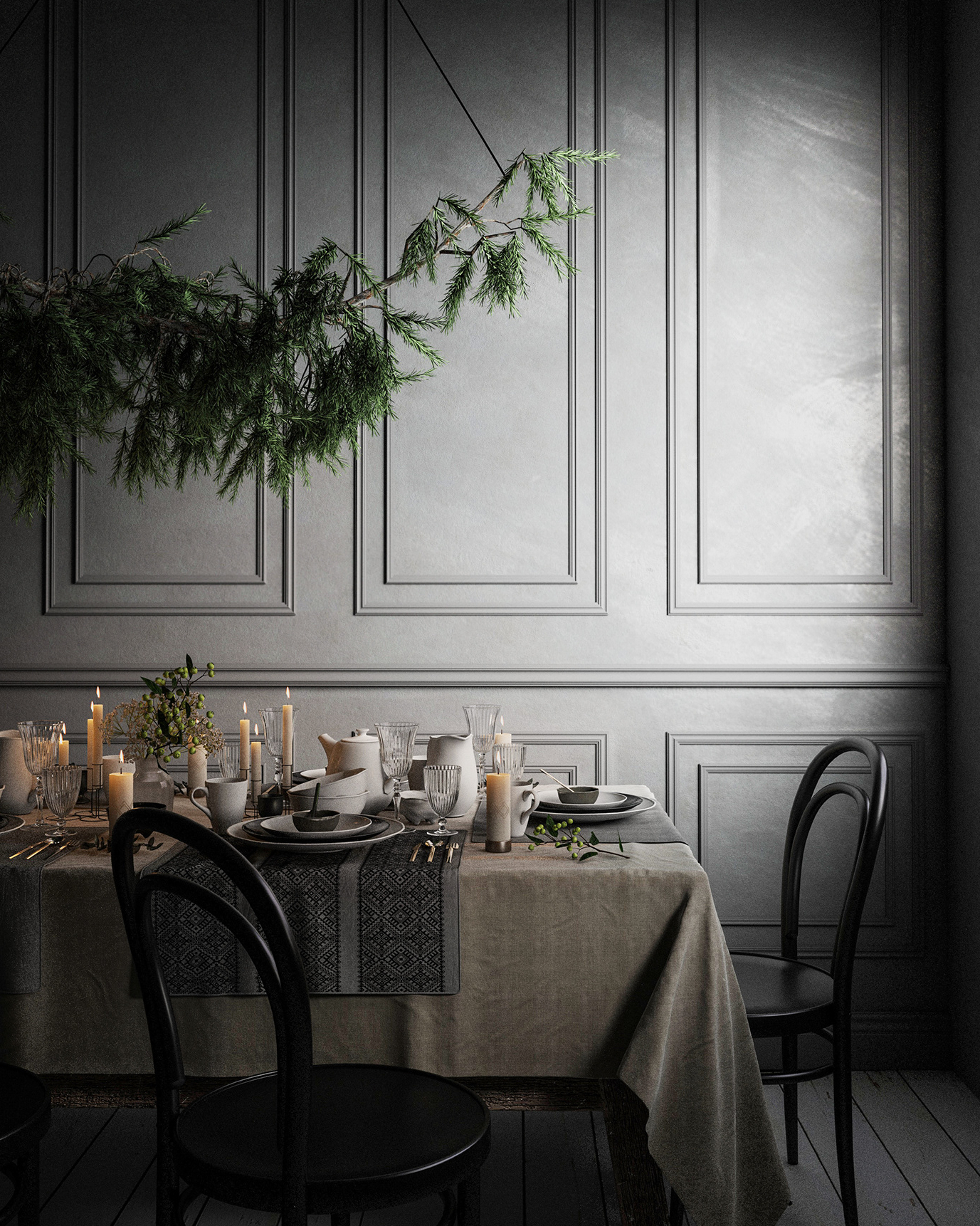 21. Crimson Cranberry Cascade: a Festive Table Setting with Pine and Pomegranate Accents