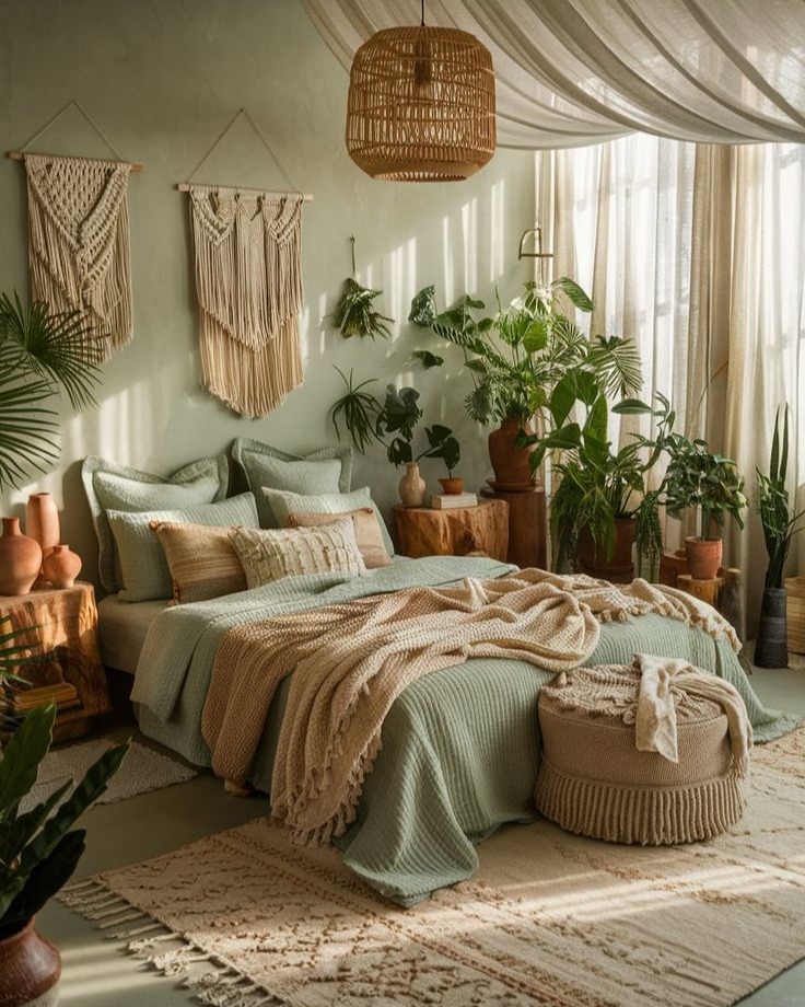 15. Woven Willow Headboard and Terracotta Tiles In a Sunlit Nook