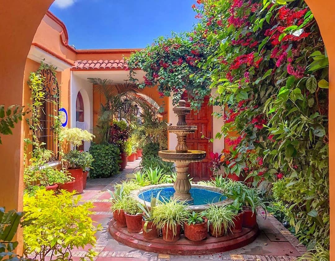 16. Vibrant Cactus Garden with Teal Bench and Terra Cotta Pots