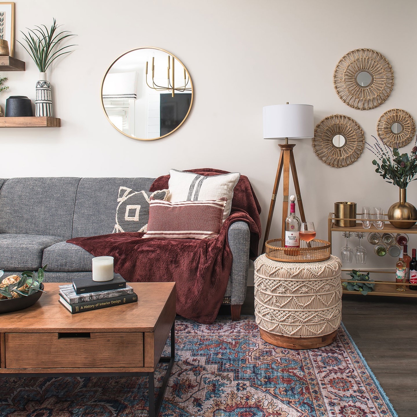 23. Cozy Nook with a Crimson Armchair and Geometric Wall Art