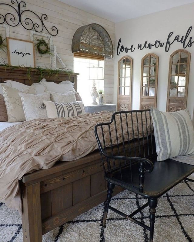 16. Vintage Bicycle and Ladder Shelf Fusion In a Farmhouse Bedroom