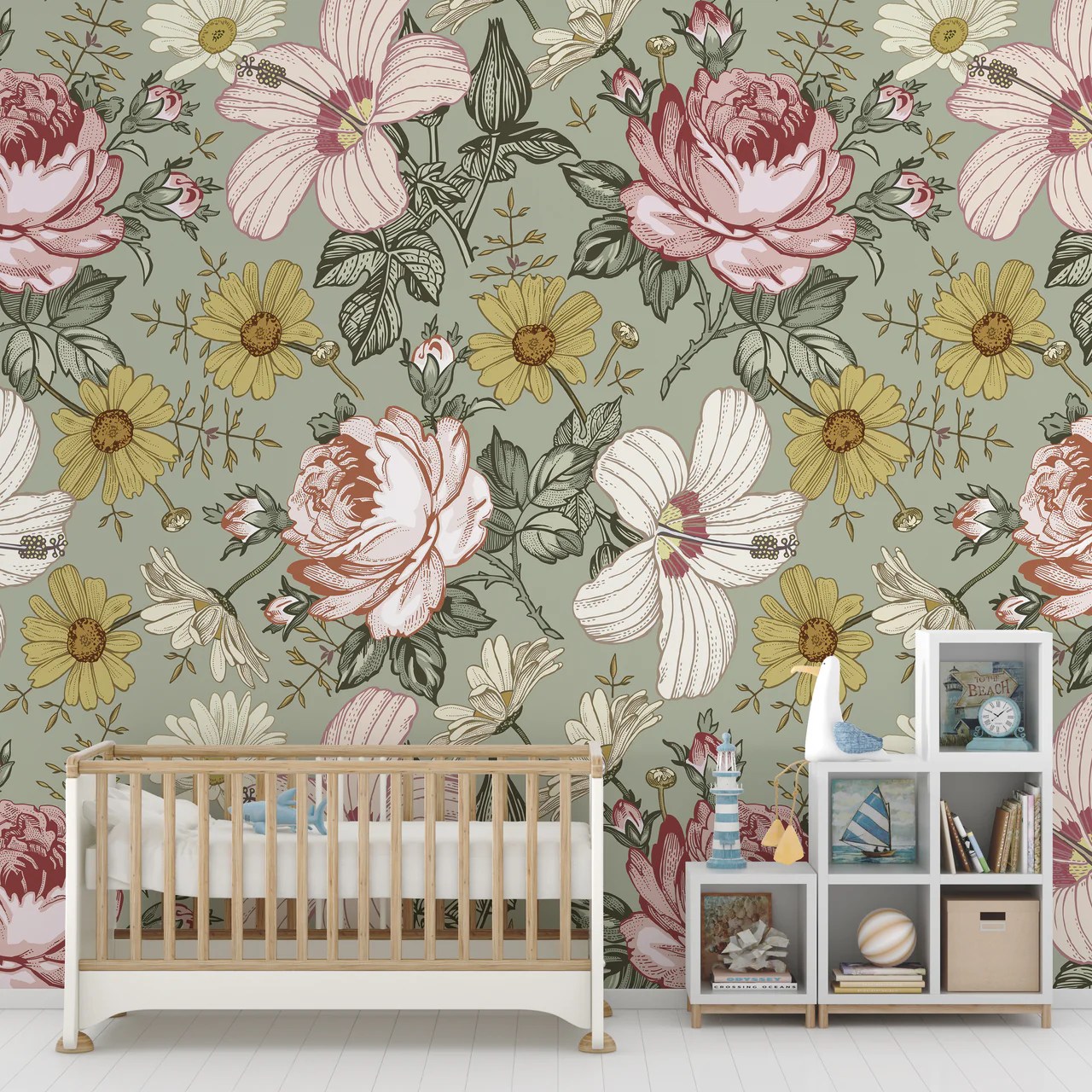 1. Soft Sage Canopy and Golden Accents In a Cozy Nursery Nook