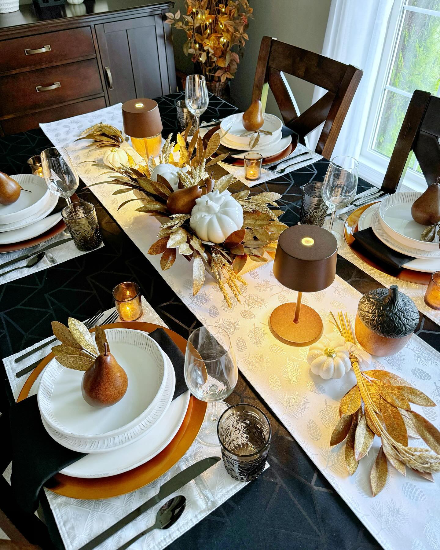 4. Harvest Moonlit Table with Antique Gold Flatware and Crimson Napkins