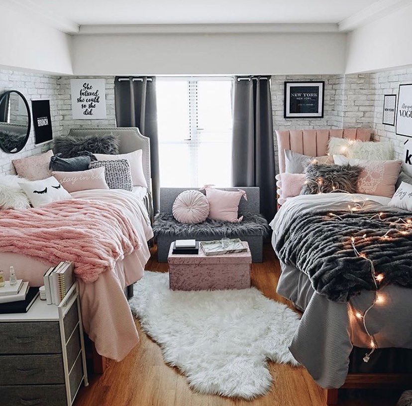4. Midnight Blue Fairy Lights and Monogrammed Pillow Dorm Setup