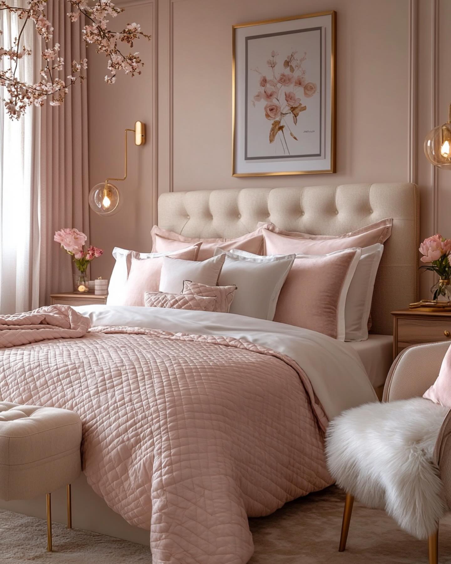 1. Soft Peony Pink Canopy Bed with Delicate Ruffled Drapes