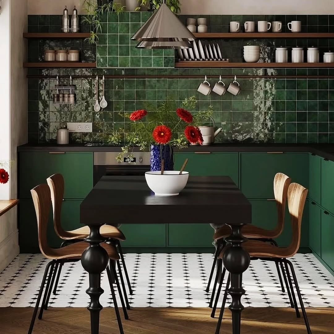 22. Lush Fern Fronds and Vintage Brass Accents on Forest Green Cabinets