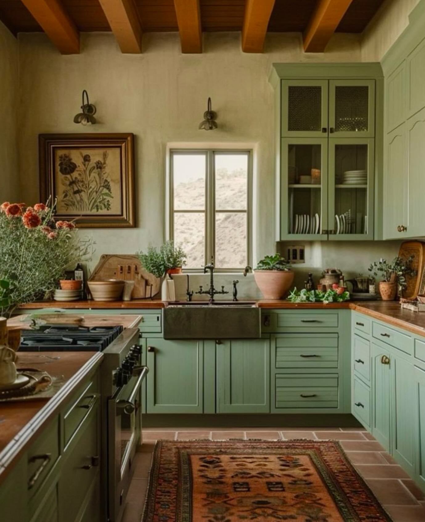 11. Verdant Elegance: Mossy Green Cabinets with Antique Brass Hardware and Vintage White Appliances