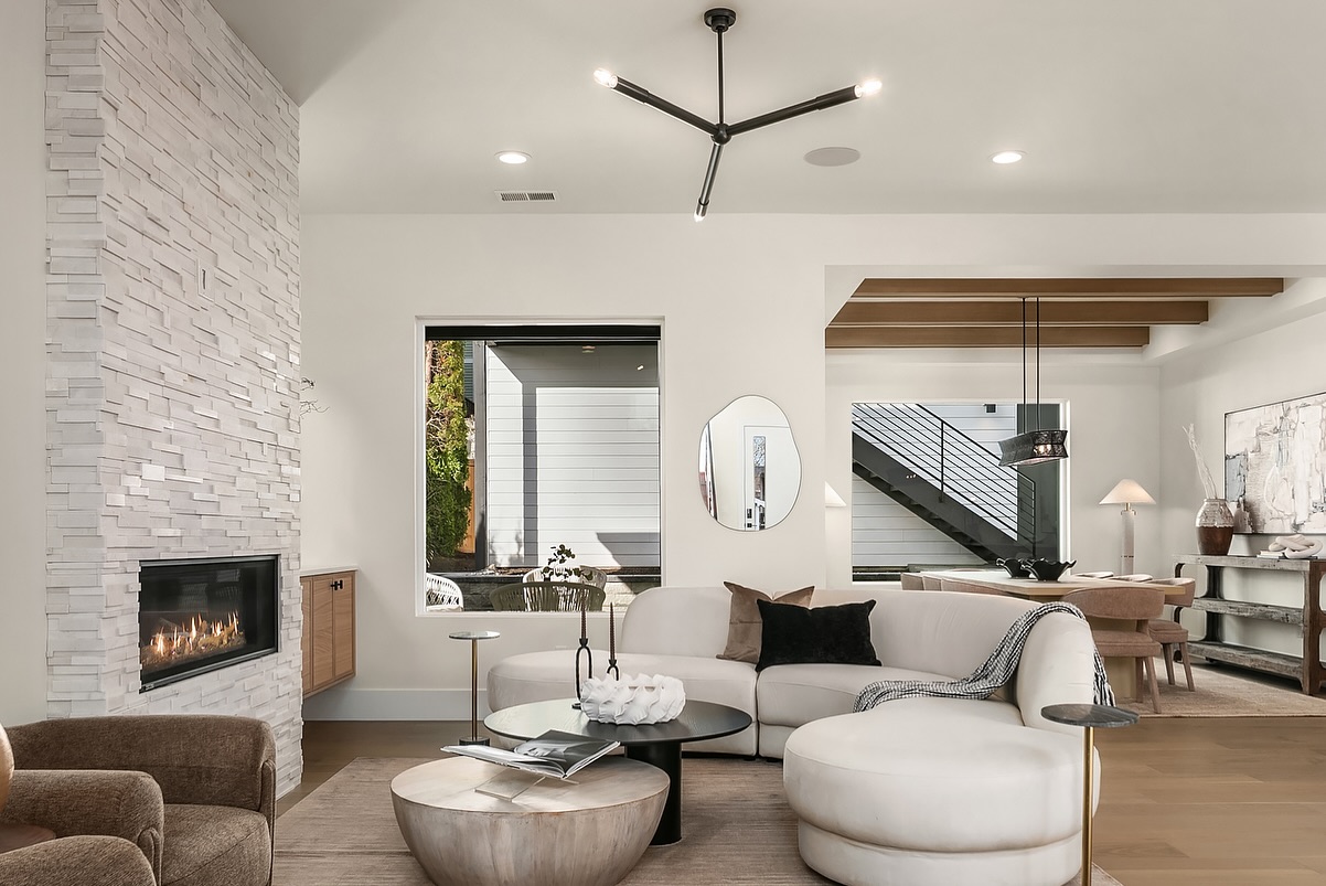 43. a Symphony Of Geometry with a Crimson Accent Wall and Floating Shelves