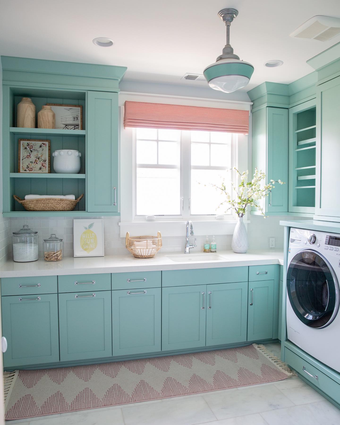 20. the Mosaic Tile Accent and Open Shelving Laundry Room Cabinet