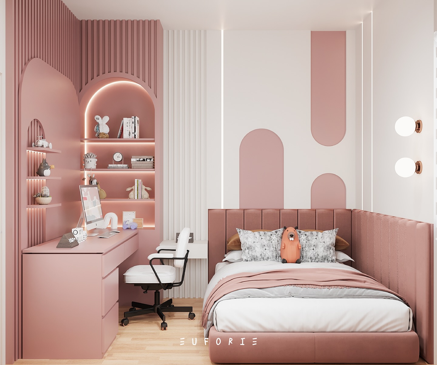 16. the Blush Pink Canopy Bed with Floral Wall Accent