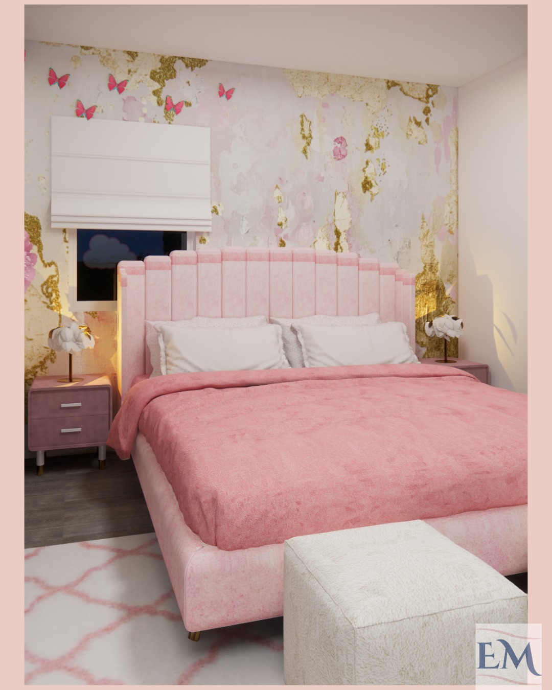 65. Soft Peony Petal Canopy Over Vintage White Vanity In Pink Haven
