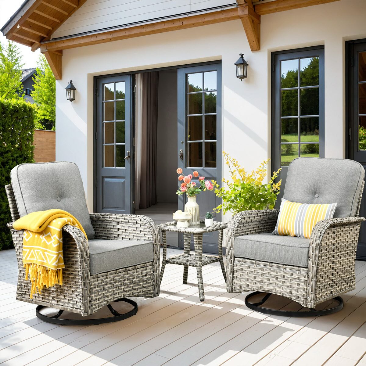 3. Sunlit Lattice Wicker Lounge with Teal Accents and Terracotta Pottery