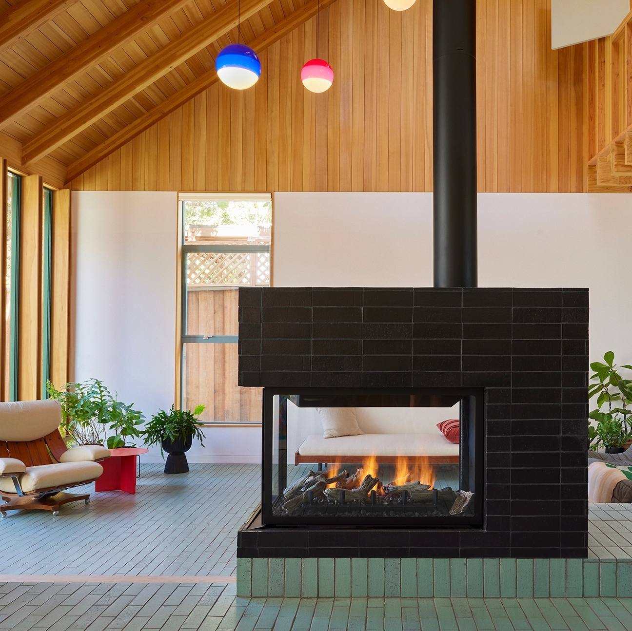 11. the Asymmetrical Ember Dance: a Fireplace with a Slanted Mantel and Geometric Tile