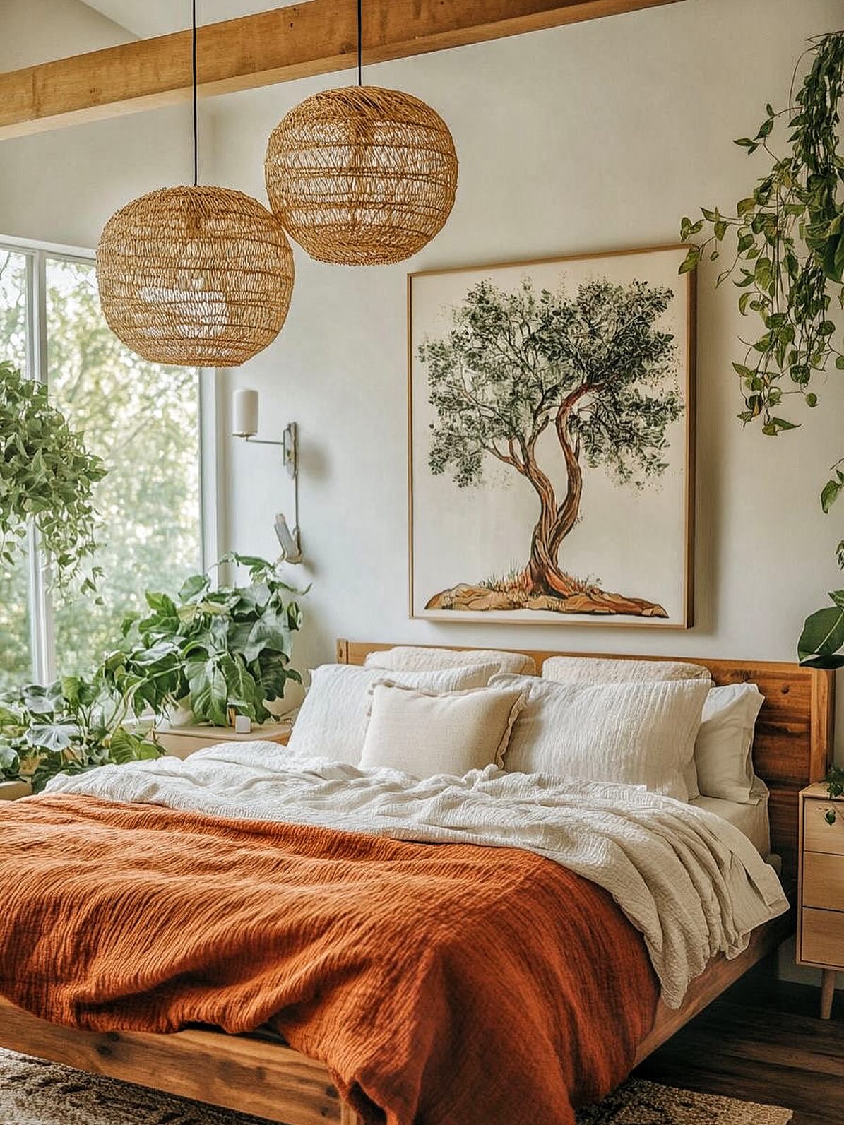 4. Woven Willow Headboard with Macrame Wall Art In Sage Green Bedroom