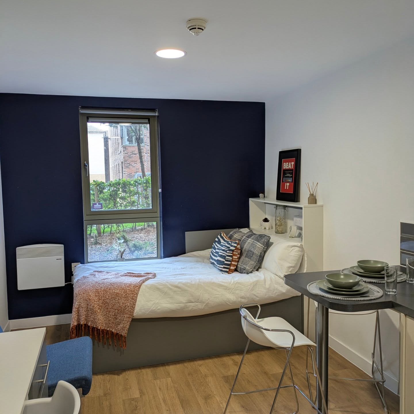 27. Cozy Nook with a Suspended Plant and Geometric Wall Art In a Studio Apartment