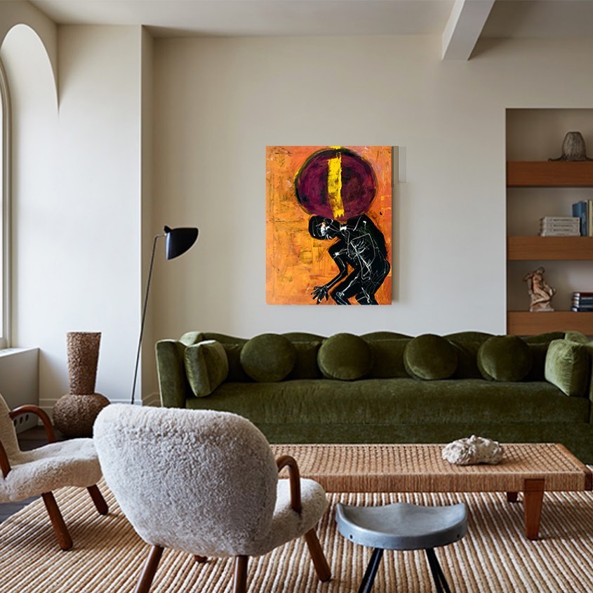 25. Vibrant Geometric Wall Art with Succulent Accents and Coiled Rope Basket