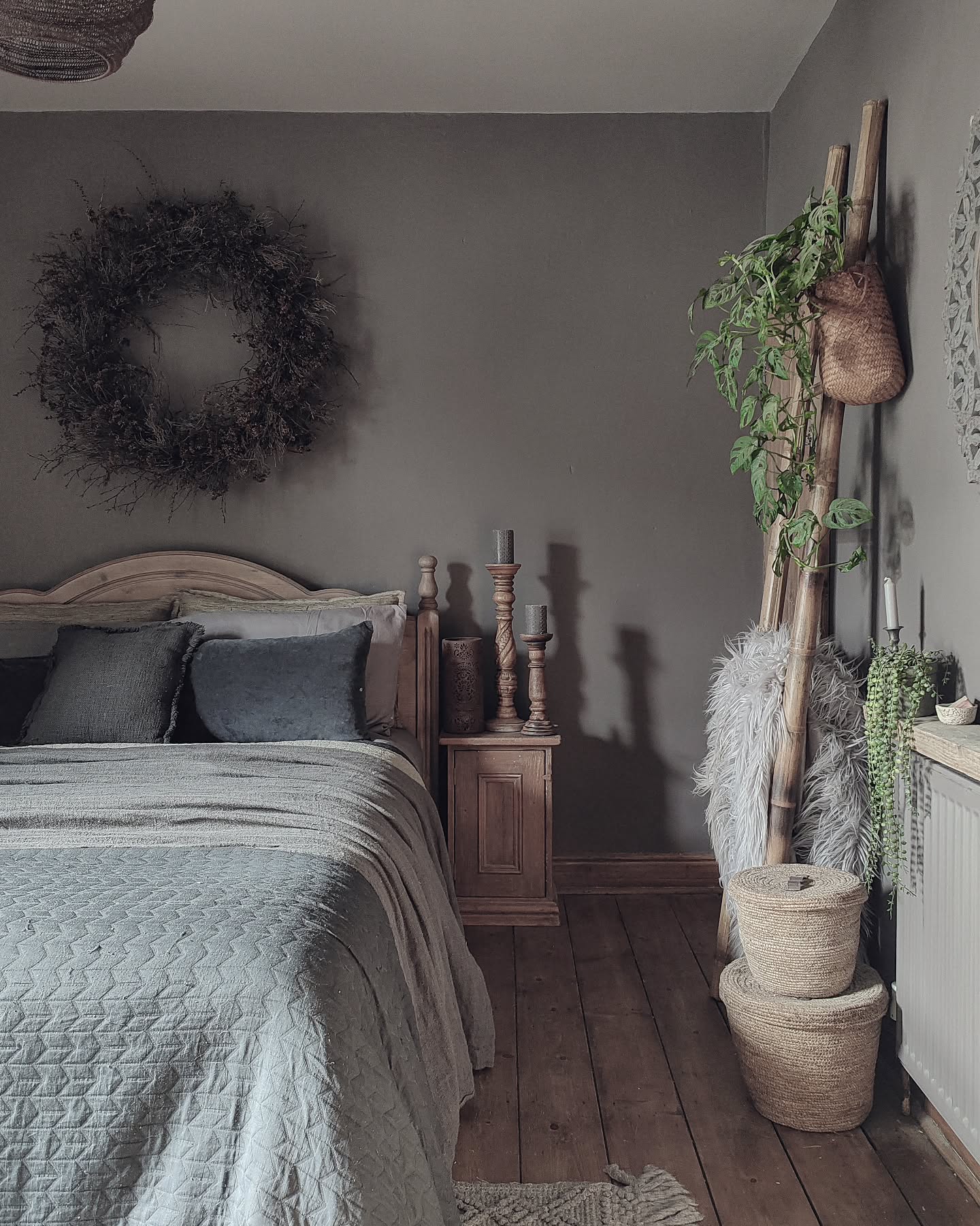 29. Moonlit Shadows on Woven Textures: a Grey Bedroom Retreat