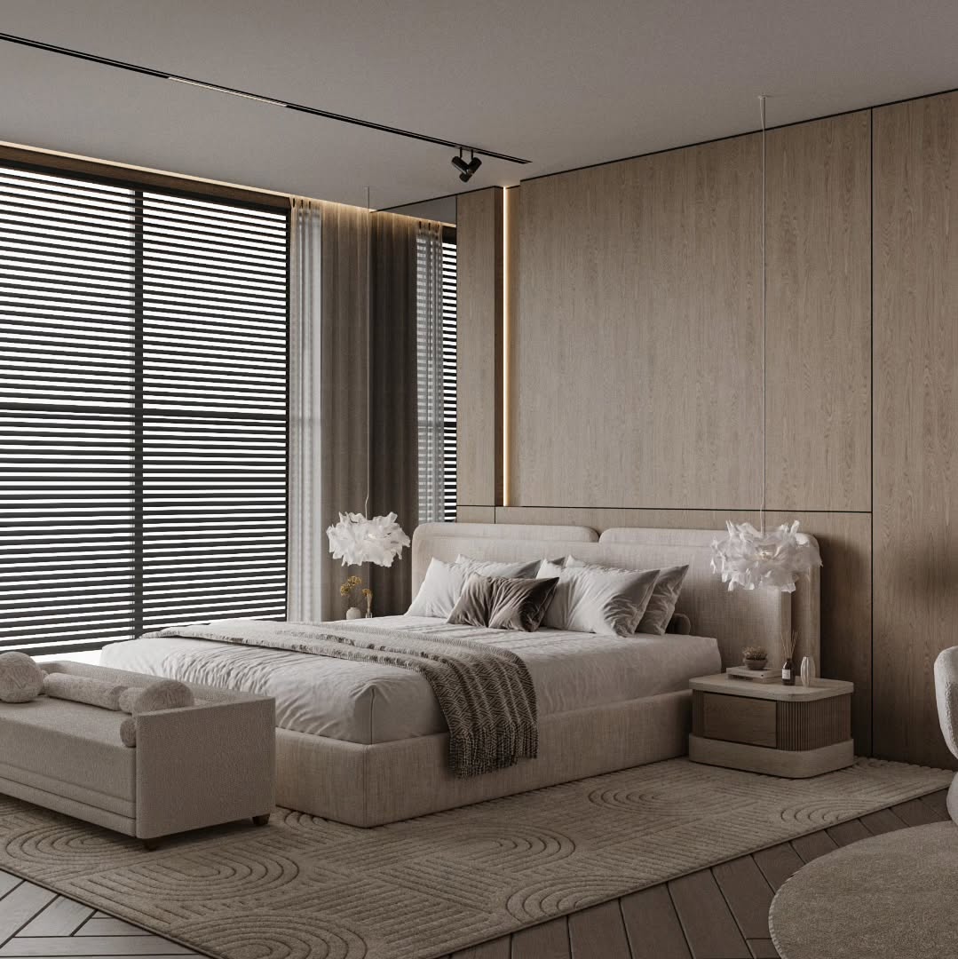 14. Moonlit Silhouette: Blackout Curtains and Geometric Bedding In a Master Retreat